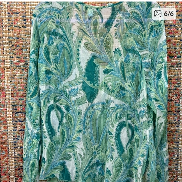 Coldwater Creek Semi-sheer Green Paisley V Neck Buttondown Blouse PXL - Picture 3 of 4